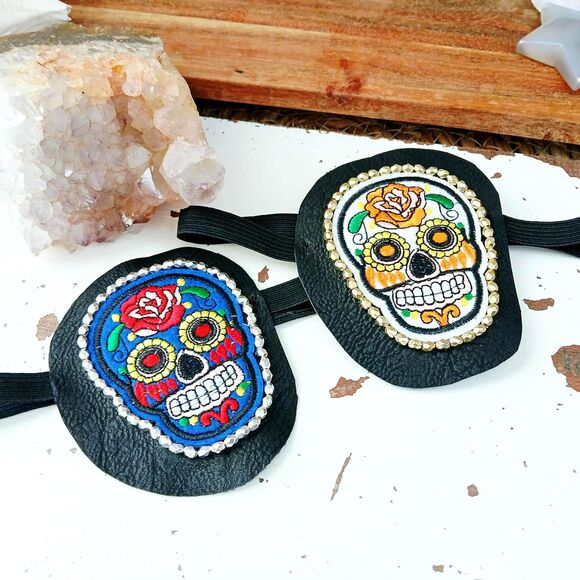 Sugar Skull Embroidered Beaded Eye Patch, Adjustable Vision Accessory Ocular Aid - Picture 2 of 6